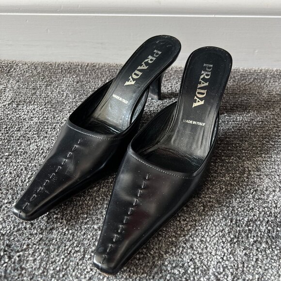 Prada Mules Black Leather Slip On Kitten Heels Slides Shoes Size 37 Made Italy - Picture 1 of 16